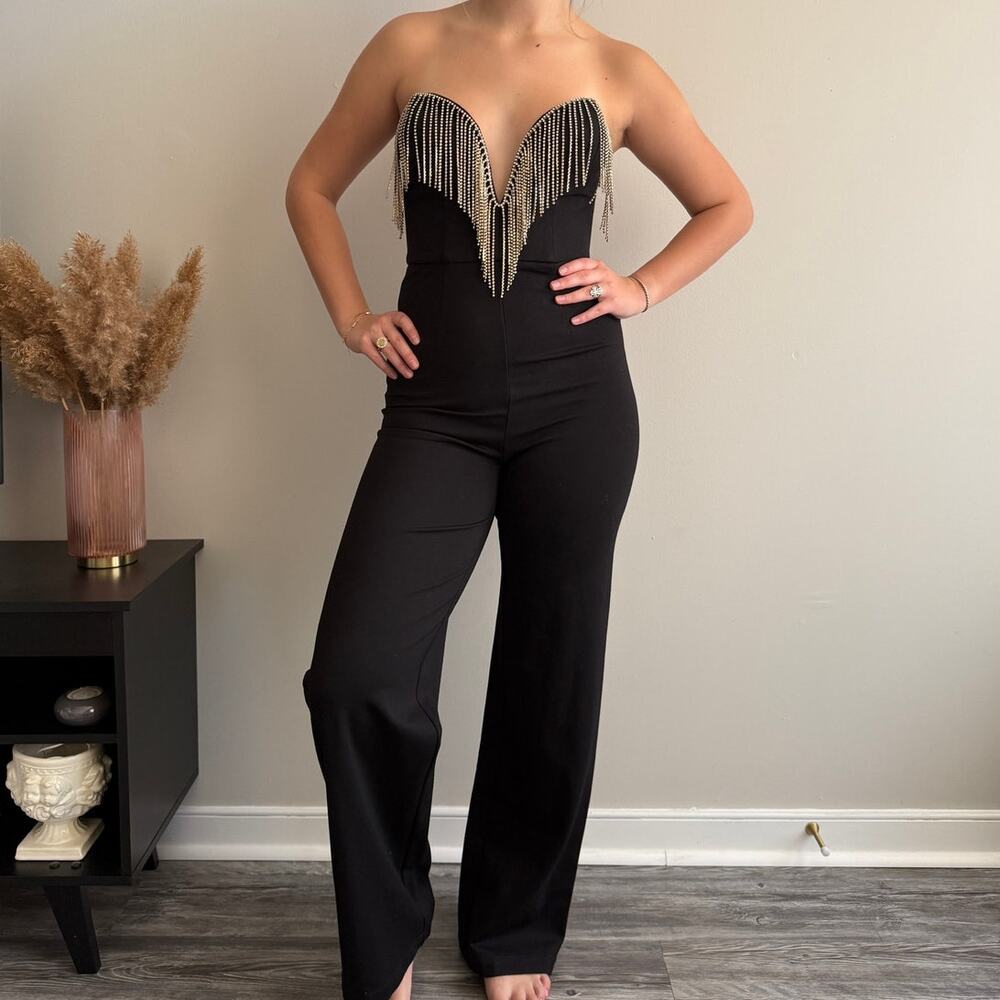 Meshki Bellia Diamante Fringe Strapless Jumpsuit